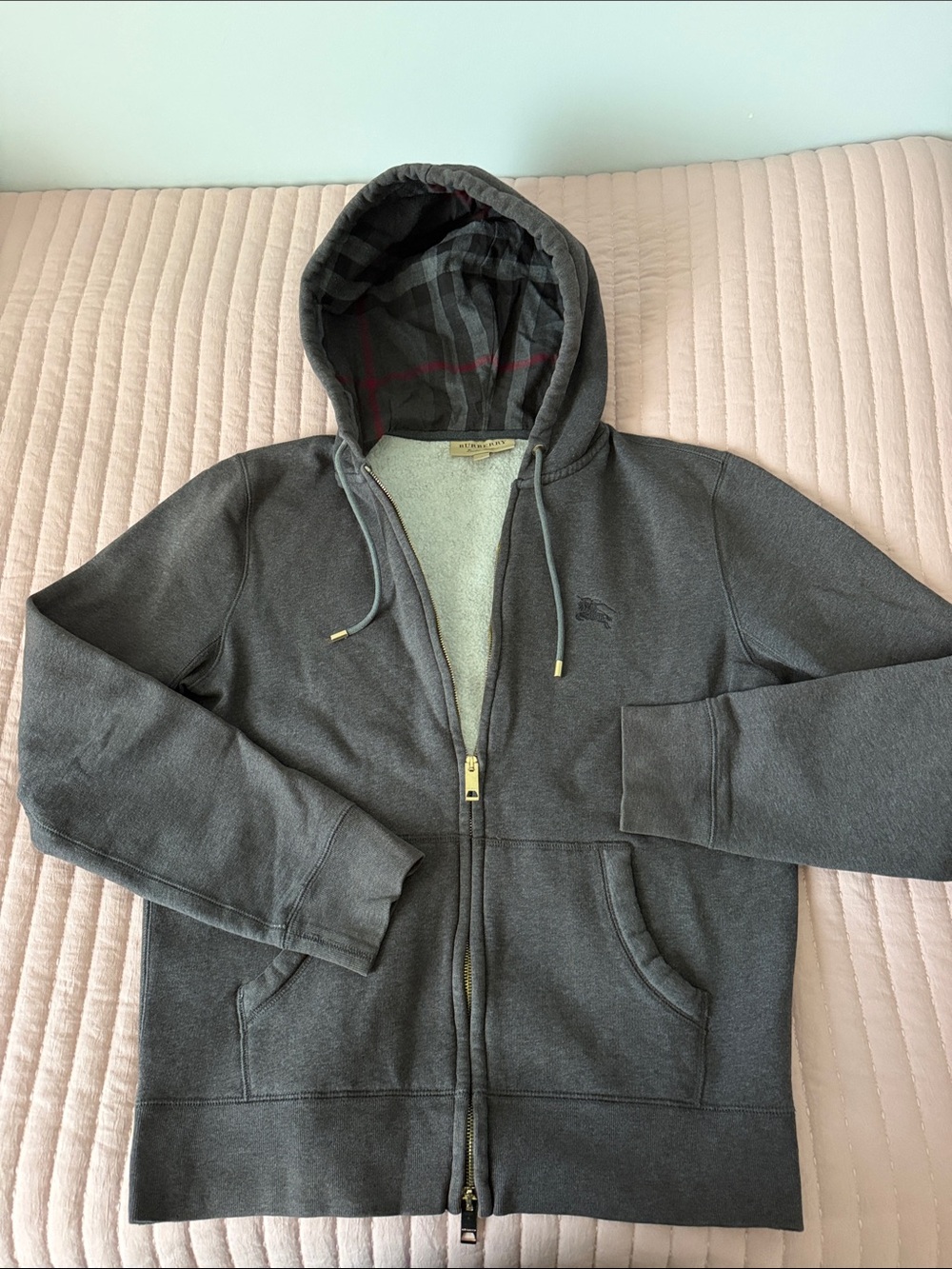 Burberry Gray Full-Zip Hooded Sweatshirt with Check Lining